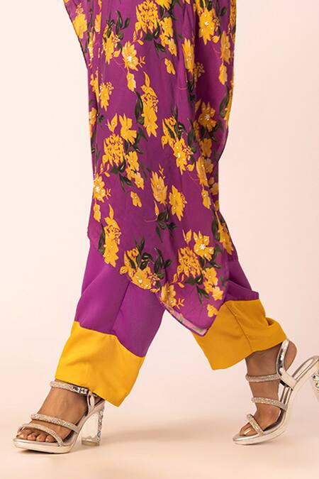 Shop Ewoke Purple Satin Beads V-neck Bloom Print Kaftan With Straight Pant Online at Aza Fashions Shop_Ewoke_Purple Satin Beads V-neck Bloom Print Kaftan With Straight Pant _Online_at_Aza_Fashions