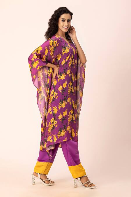 Ewoke Purple Satin Beads V-neck Bloom Print Kaftan With Straight Pant at Aza Fashions Ewoke_Purple Satin Beads V-neck Bloom Print Kaftan With Straight Pant _at_Aza_Fashions