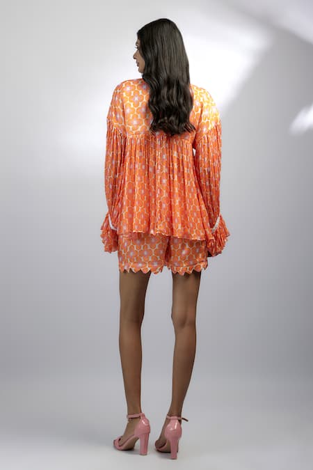 Shop Ewoke Orange Chiffon Collared Tangello Print Ruffle Cuff Top With Shorts at Aza Fashions Shop_Ewoke_Orange Chiffon Collared Tangello Print Ruffle Cuff Top With Shorts _at_Aza_Fashions