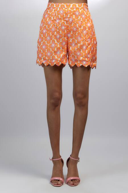 Shop Ewoke Orange Chiffon Collared Tangello Print Ruffle Cuff Top With Shorts Online at Aza Fashions Shop_Ewoke_Orange Chiffon Collared Tangello Print Ruffle Cuff Top With Shorts _Online_at_Aza_Fashions