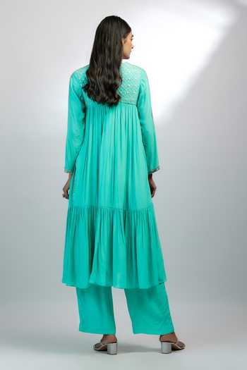 Ewoke_Blue Crepe Embroidery V-neck Beads Yoke Kurta With Pant _Online_at_Aza_Fashions