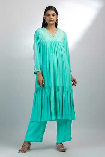 Buy_Ewoke_Blue Crepe Embroidery V-neck Beads Yoke Kurta With Pant _Online_at_Aza_Fashions