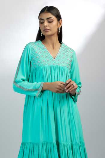 Shop_Ewoke_Blue Crepe Embroidery V-neck Beads Yoke Kurta With Pant _Online_at_Aza_Fashions