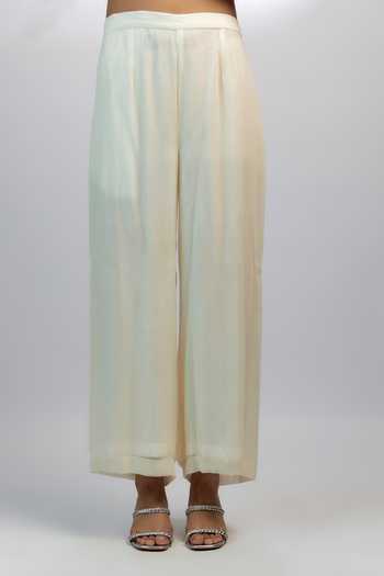 Buy_Ewoke_White Georgette Embroidery, Beads V-neck Wallflower Yoke Kurta With Pant _Online_at_Aza_Fashions