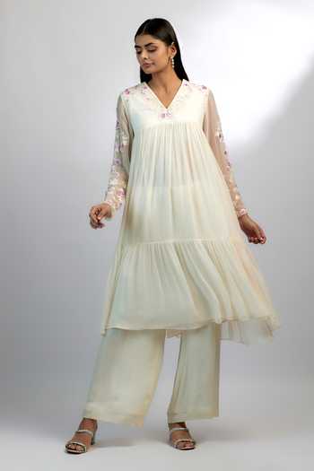 Shop_Ewoke_White Georgette Embroidery, Beads V-neck Wallflower Yoke Kurta With Pant _Online_at_Aza_Fashions