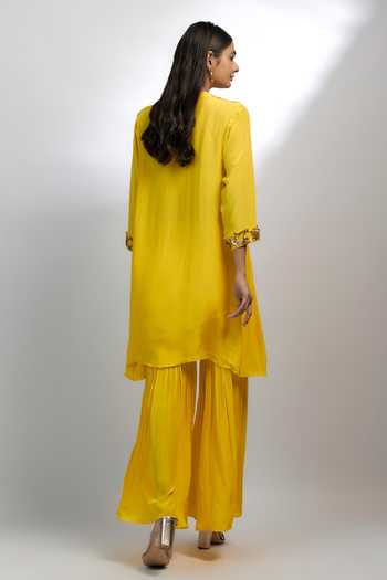 Ewoke_Yellow Crepe Pearls, Beads, Stones Gold Embroidered A-line Kurta With Gharara _Online_at_Aza_Fashions