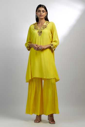 Buy_Ewoke_Yellow Crepe Pearls, Beads, Stones Gold Embroidered A-line Kurta With Gharara _Online_at_Aza_Fashions