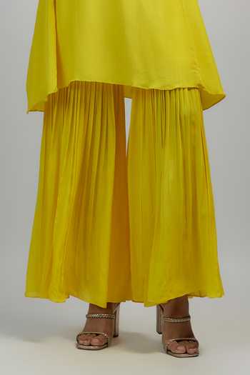 Shop_Ewoke_Yellow Crepe Pearls, Beads, Stones Gold Embroidered A-line Kurta With Gharara _Online_at_Aza_Fashions