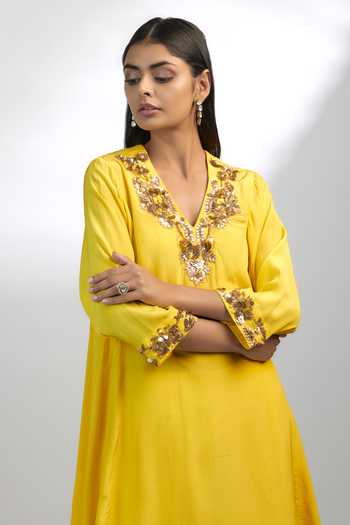Ewoke_Yellow Crepe Pearls, Beads, Stones Gold Embroidered A-line Kurta With Gharara _at_Aza_Fashions