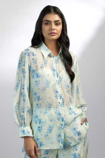 Shop_Ewoke_Off White Crepe Collared Flower Print Button Down Shirt With Pant _Online_at_Aza_Fashions