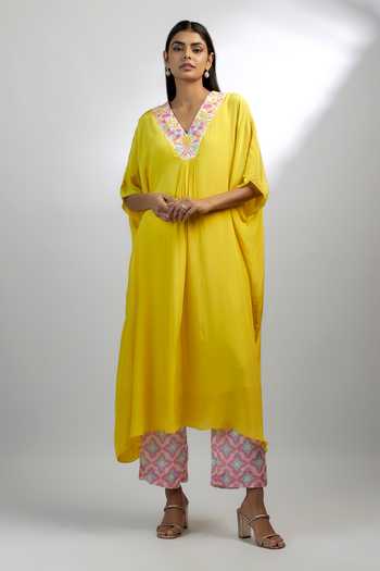 Ewoke_Yellow Crepe Beads, Stones V-neck Candyfloss Embroidered Kaftan With Pant _Online_at_Aza_Fashions