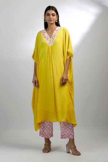 Buy_Ewoke_Yellow Crepe Beads, Stones V-neck Candyfloss Embroidered Kaftan With Pant _Online_at_Aza_Fashions