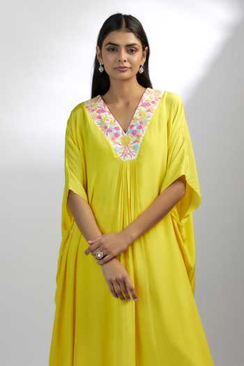 Shop_Ewoke_Yellow Crepe Beads, Stones V-neck Candyfloss Embroidered Kaftan With Pant _Online_at_Aza_Fashions