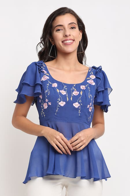 Ewoke Blue Georgette Embroidery Scoop Neck Floral Thread Peplum Top 