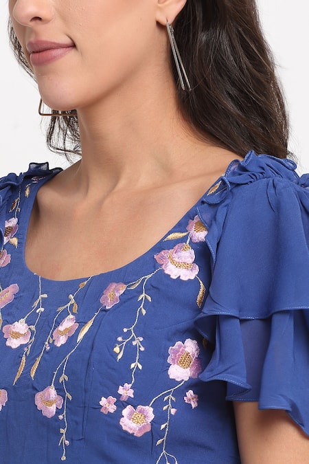 Shop_Ewoke_Blue Georgette Embroidery Scoop Neck Floral Thread Peplum Top _Online_at_Aza_Fashions