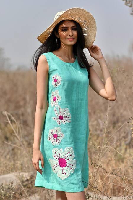 Buy_Ewoke_Blue Hemp Embroidery Round Neck Floral Applique Dress _Online_at_Aza_Fashions