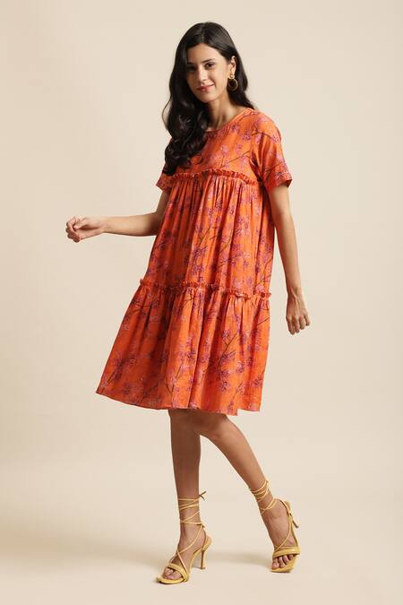 Ewoke_Orange Hemp Round Neck Spring Flower Tiered Dress_Online_at_Aza_Fashions
