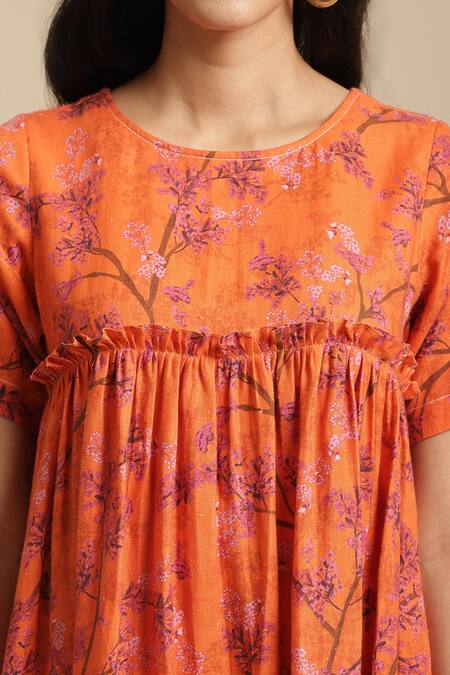 Buy_Ewoke_Orange Hemp Round Neck Spring Flower Tiered Dress_Online_at_Aza_Fashions