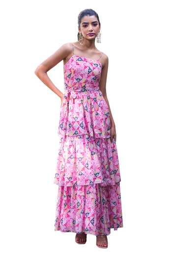 Ewoke_Pink Crepe Square Neck Jacqueline Jungle Print Ruffle Dress _Online_at_Aza_Fashions