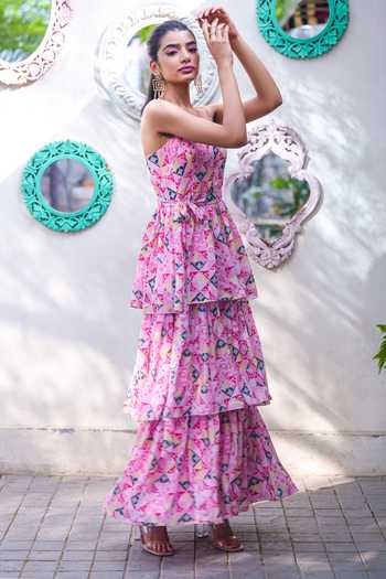 Buy_Ewoke_Pink Crepe Square Neck Jacqueline Jungle Print Ruffle Dress _Online_at_Aza_Fashions
