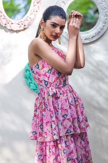 Ewoke_Pink Crepe Square Neck Jacqueline Jungle Print Ruffle Dress _at_Aza_Fashions
