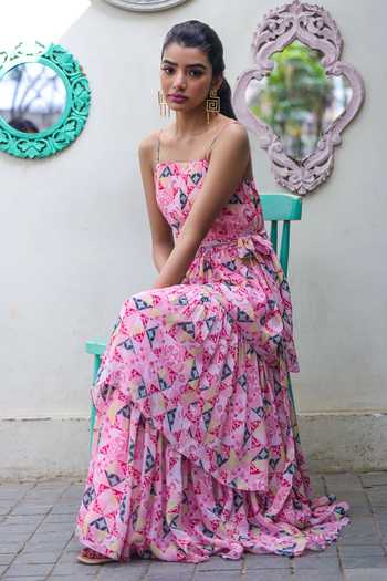 Buy_Ewoke_Pink Crepe Square Neck Jacqueline Jungle Print Ruffle Dress 