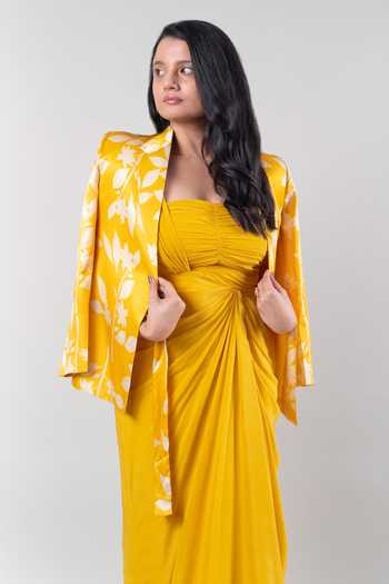 Ewoke_Yellow Crepe Asymmetric Thea Draped Midi Dress _Online_at_Aza_Fashions