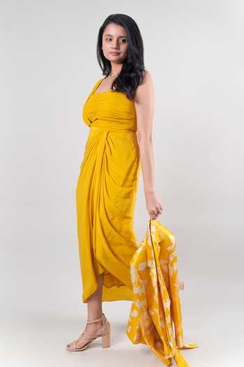 Buy_Ewoke_Yellow Crepe Asymmetric Thea Draped Midi Dress _Online_at_Aza_Fashions