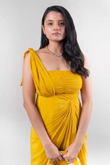 Shop_Ewoke_Yellow Crepe Asymmetric Thea Draped Midi Dress _Online_at_Aza_Fashions