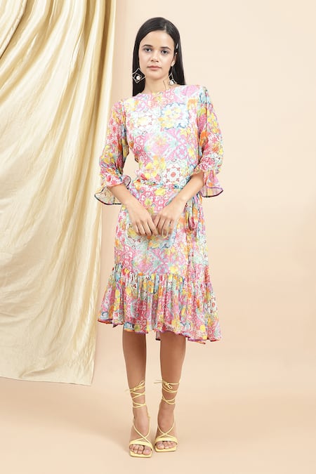 EWOKE Claudia Geometric Floral Print Midi Dress 