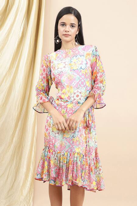 Ewoke_Multi Color Chiffon Round Neck Claudia Geometric Floral Print Midi Dress _Online_at_Aza_Fashions