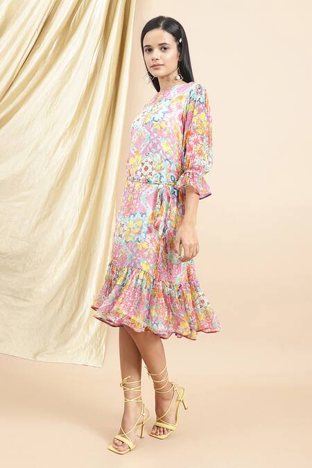 Buy_Ewoke_Multi Color Chiffon Round Neck Claudia Geometric Floral Print Midi Dress _Online_at_Aza_Fashions