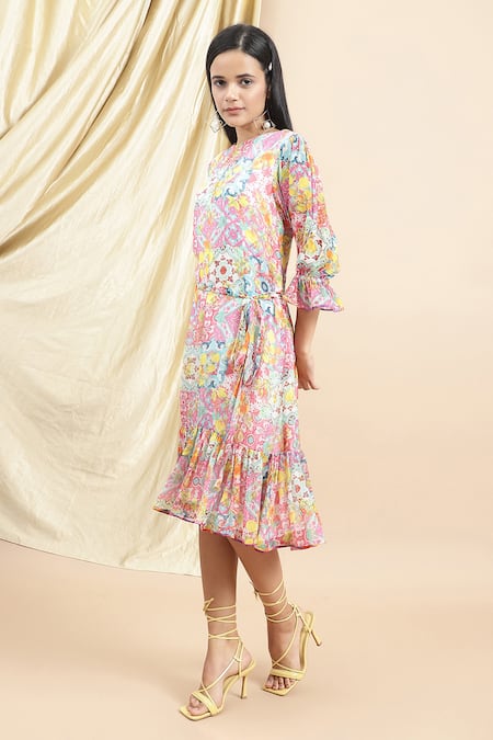 Shop_Ewoke_Multi Color Chiffon Round Neck Claudia Geometric Floral Print Midi Dress _Online_at_Aza_Fashions