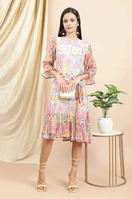 Ewoke_Multi Color Chiffon Round Neck Claudia Geometric Floral Print Midi Dress _at_Aza_Fashions