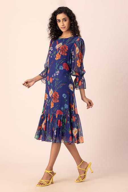 Ewoke_Blue Chiffon Round Neck Whimsilace Floral Print Midi Dress _Online_at_Aza_Fashions