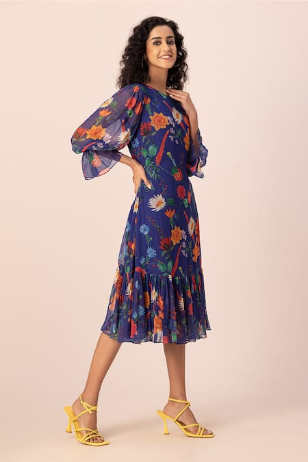 Buy_Ewoke_Blue Chiffon Round Neck Whimsilace Floral Print Midi Dress _Online_at_Aza_Fashions