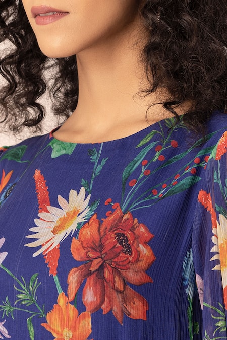 Shop_Ewoke_Blue Chiffon Round Neck Whimsilace Floral Print Midi Dress _Online_at_Aza_Fashions