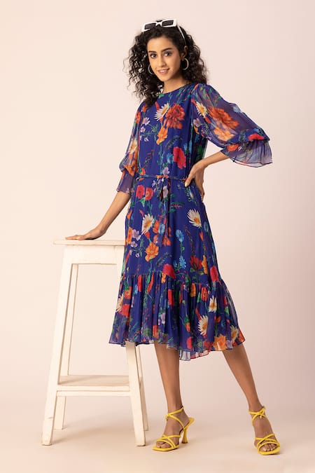 Ewoke_Blue Chiffon Round Neck Whimsilace Floral Print Midi Dress _at_Aza_Fashions