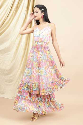 Buy_Ewoke_Multi Color Chiffon V-neck Lemon Burst Maxi Dress _Online_at_Aza_Fashions