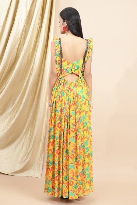 Shop_Ewoke_Yellow Crepe Embroidery Sweetheart Neck Layla Bird Print Maxi Dress _at_Aza_Fashions