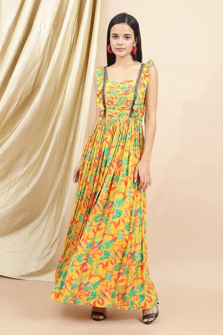 Ewoke_Yellow Crepe Embroidery Sweetheart Neck Layla Bird Print Maxi Dress _Online_at_Aza_Fashions