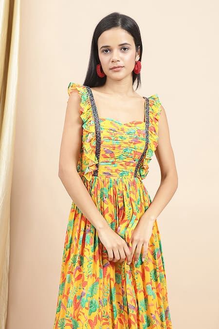 Buy_Ewoke_Yellow Crepe Embroidery Sweetheart Neck Layla Bird Print Maxi Dress _Online_at_Aza_Fashions