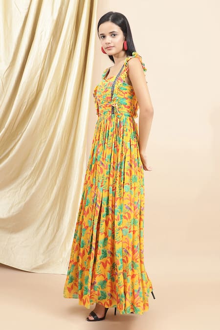 Shop_Ewoke_Yellow Crepe Embroidery Sweetheart Neck Layla Bird Print Maxi Dress _Online_at_Aza_Fashions