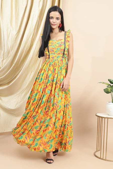 Ewoke_Yellow Crepe Embroidery Sweetheart Neck Layla Bird Print Maxi Dress _at_Aza_Fashions