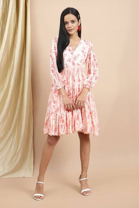 Buy_Ewoke_White Crepe V-neck Rosalind Fit And Flare Dress _Online_at_Aza_Fashions