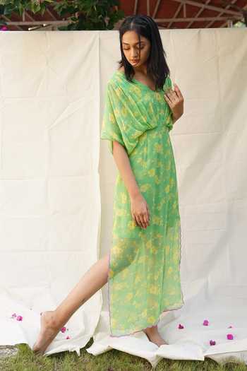 Ewoke_Green Chiffon Embroidery V-neck Kia Floral Print Kaftan _Online_at_Aza_Fashions