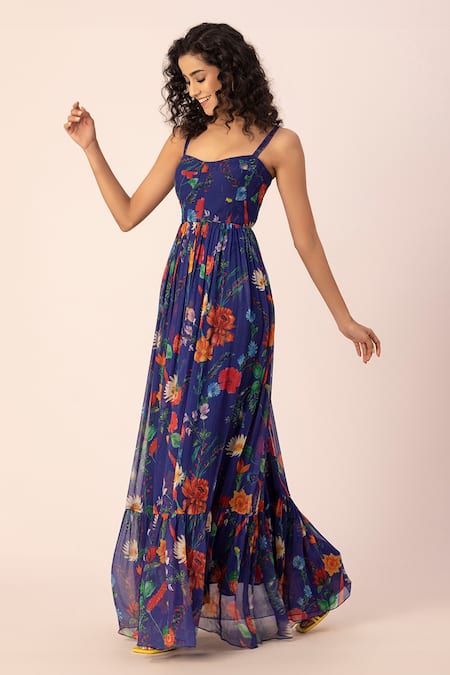 Ewoke Purple Chiffon Square Neck Whimsilace Floral Print Corset Maxi Dress Online at Aza Fashions Ewoke_Purple Chiffon Square Neck Whimsilace Floral Print Corset Maxi Dress _Online_at_Aza_Fashions