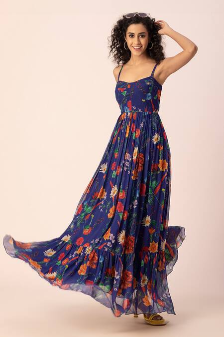 Shop Ewoke Purple Chiffon Square Neck Whimsilace Floral Print Corset Maxi Dress Online at Aza Fashions Shop_Ewoke_Purple Chiffon Square Neck Whimsilace Floral Print Corset Maxi Dress _Online_at_Aza_Fashions