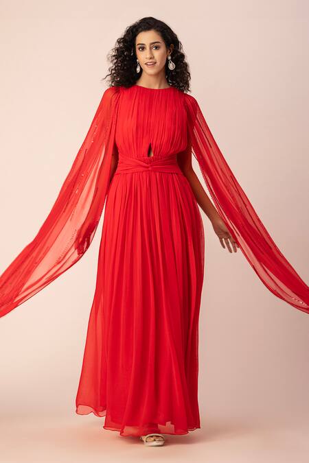 Buy_EWOKE_Red Georgette Crystals, Beads Round Neck Draped Pleated Gown _Online_at_Aza_Fashions
