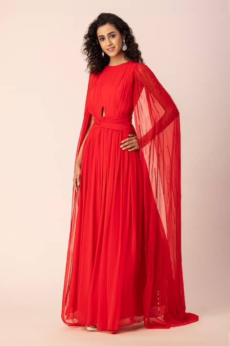 Shop_EWOKE_Red Georgette Crystals, Beads Round Neck Draped Pleated Gown _Online_at_Aza_Fashions